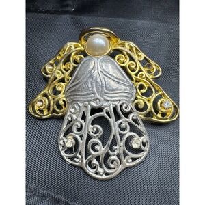 Vtg Large Silver & Gold Tone Filigree Angel Brooch Pin Rhinestones & Faux Pearl